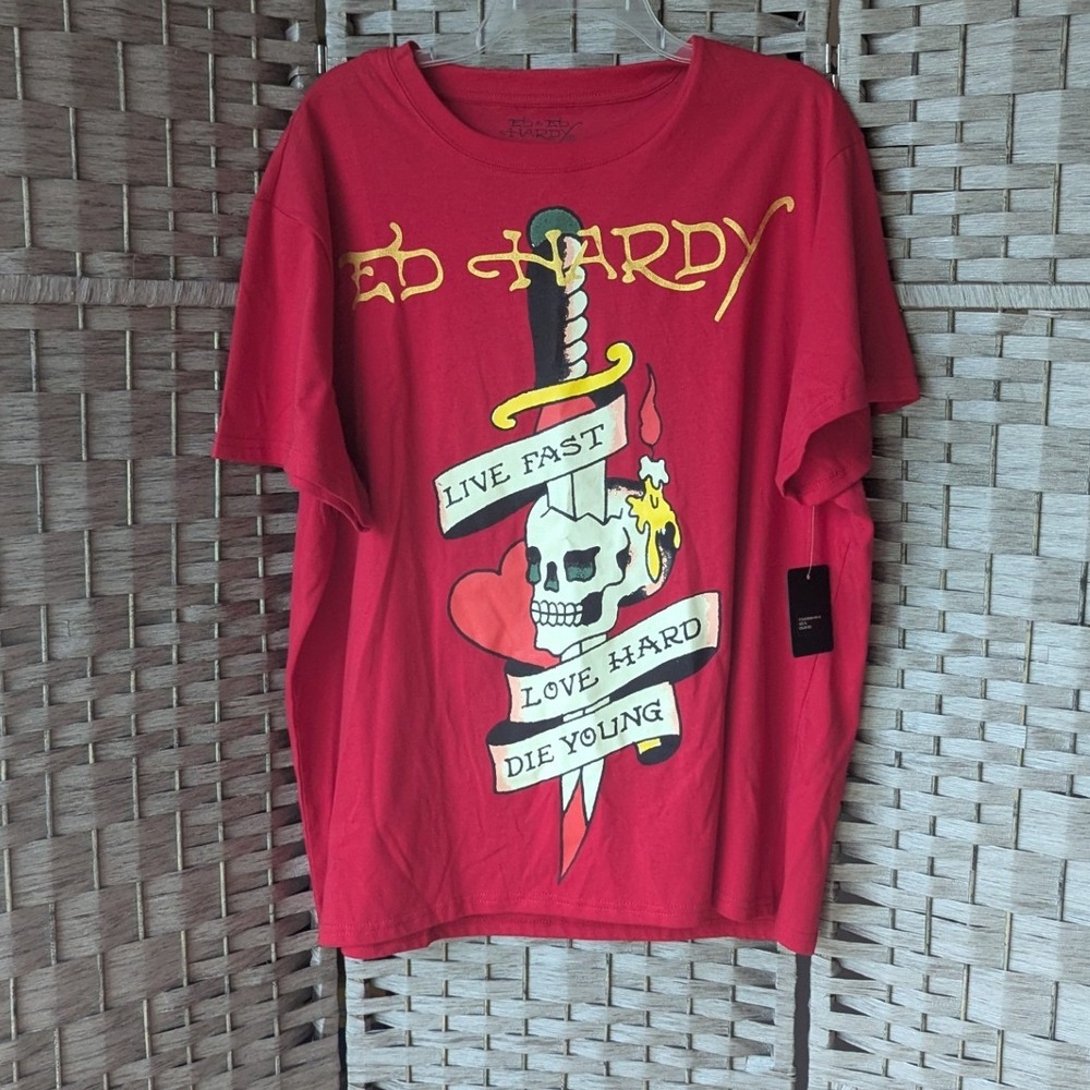 Ed Hardy T-Shirt Red Skull Dagger Tattoo Graphic Live Fast XL NWT Streetwear